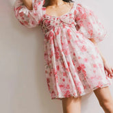 Floral Print Short Puff Sleeve Mesh Layered Babydoll Short Dress